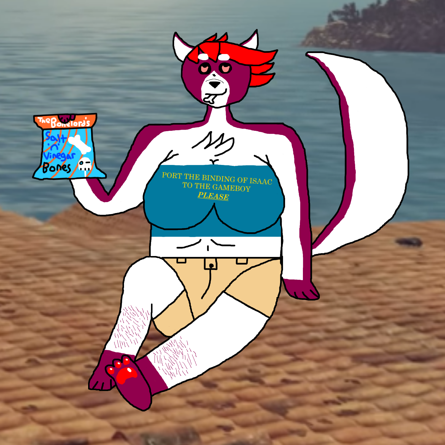 Alt text: A picture of my fursona, a very large red and white dog with short bright red hair holding a bag of bones, stylized like a potato chip bag, out to you. She has one in her mouth.